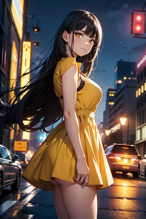 masterpiece (Photo_\\(Medium\\):1.2), (Photorealistic:1.2), Hyper realistic, Photorealism, Woman, Full body, full growth, Black hair, Long hair, Bangs, Yellow eyes, Eyelashes, Creepy grin, Beauty Skin,Tight Short Yellow Dress, Small sized breasts, night city background, symmetry, depth of fields, 8K, VFX, thighs, breast, ass, nffsw, nffsw,
