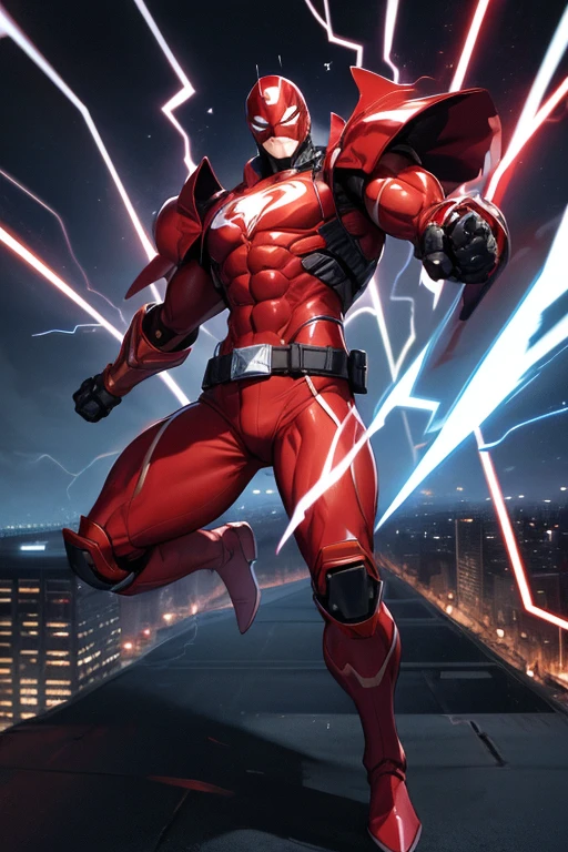 ((best quality)), ((masterpiece)), (detailed), 1 man, full body, 30s, black masks, red helmet that covers his entire head, smooth helmet, uncovered face, helmet with a flashlight on his forehead, black collar, tall and muscular, very large, red armor, 2 large tubes, transparent electricity tubes on his chest, black forearms, large red gloves, red wristbands, red suit, fist emblem with lightning bolts on his chest, fist, red pants, black knee pads, metallic red boots, superhero belt, lightning bolts in the air, hitting the highway, superhero pose, lightning bolts come out, night city background, anime