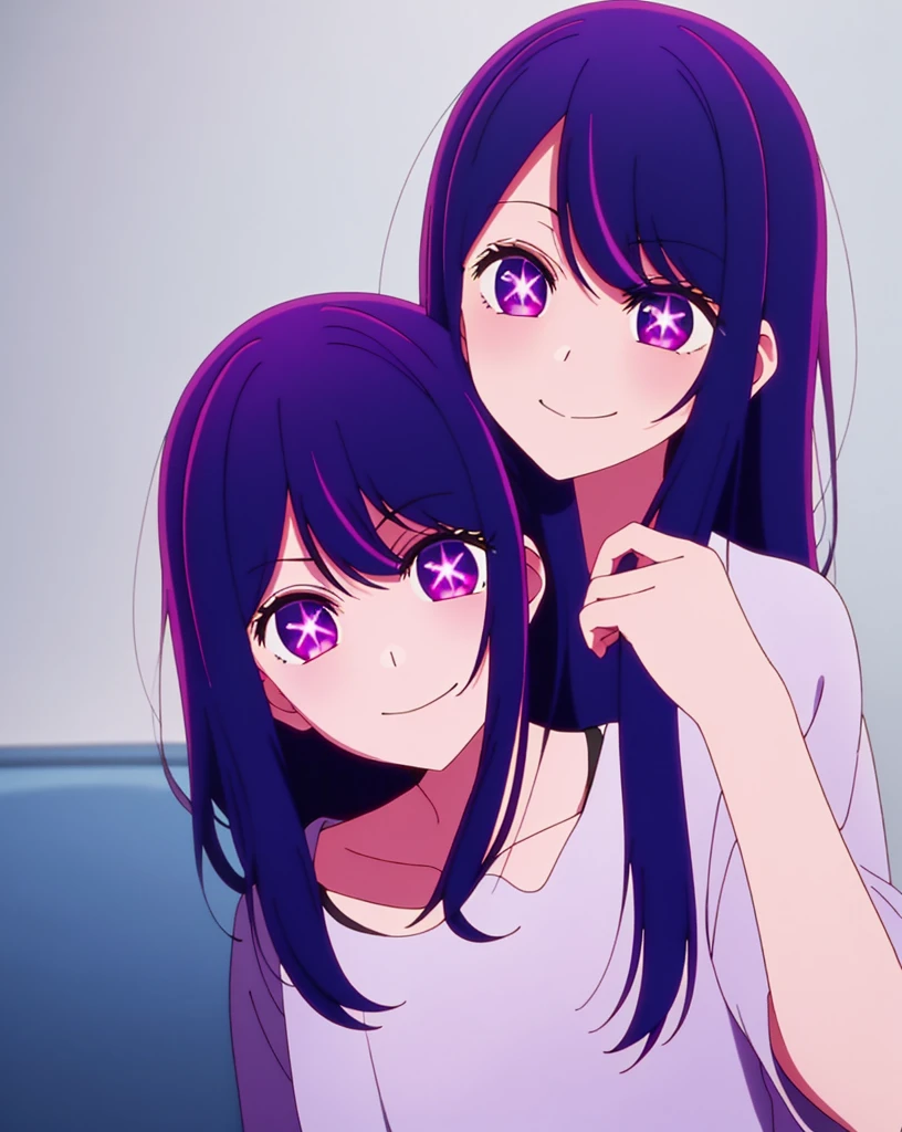 in bed, purple color hair and purple eyes, black shirt, anime visual of a cute girl, screenshot from the anime film, & her expression is solemn, in the anime film, in an anime, anime visual of a young woman, she has a cute expressive face, still from anime, red cheek, lustful face, fair skin, look, looking at the viewers with a smile on her face