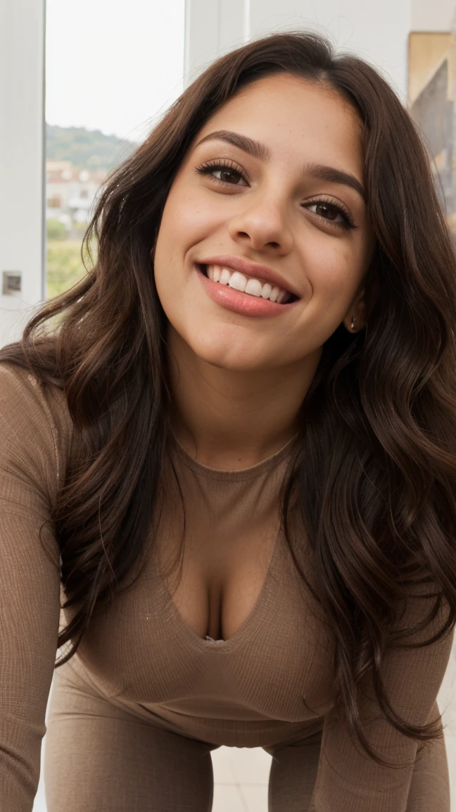 hispanic woman, wavy long dark hair, brown large eyes, photorealistic, sexy, wearing tight outfit, smiling, tongue sticking out of mouth, view from below