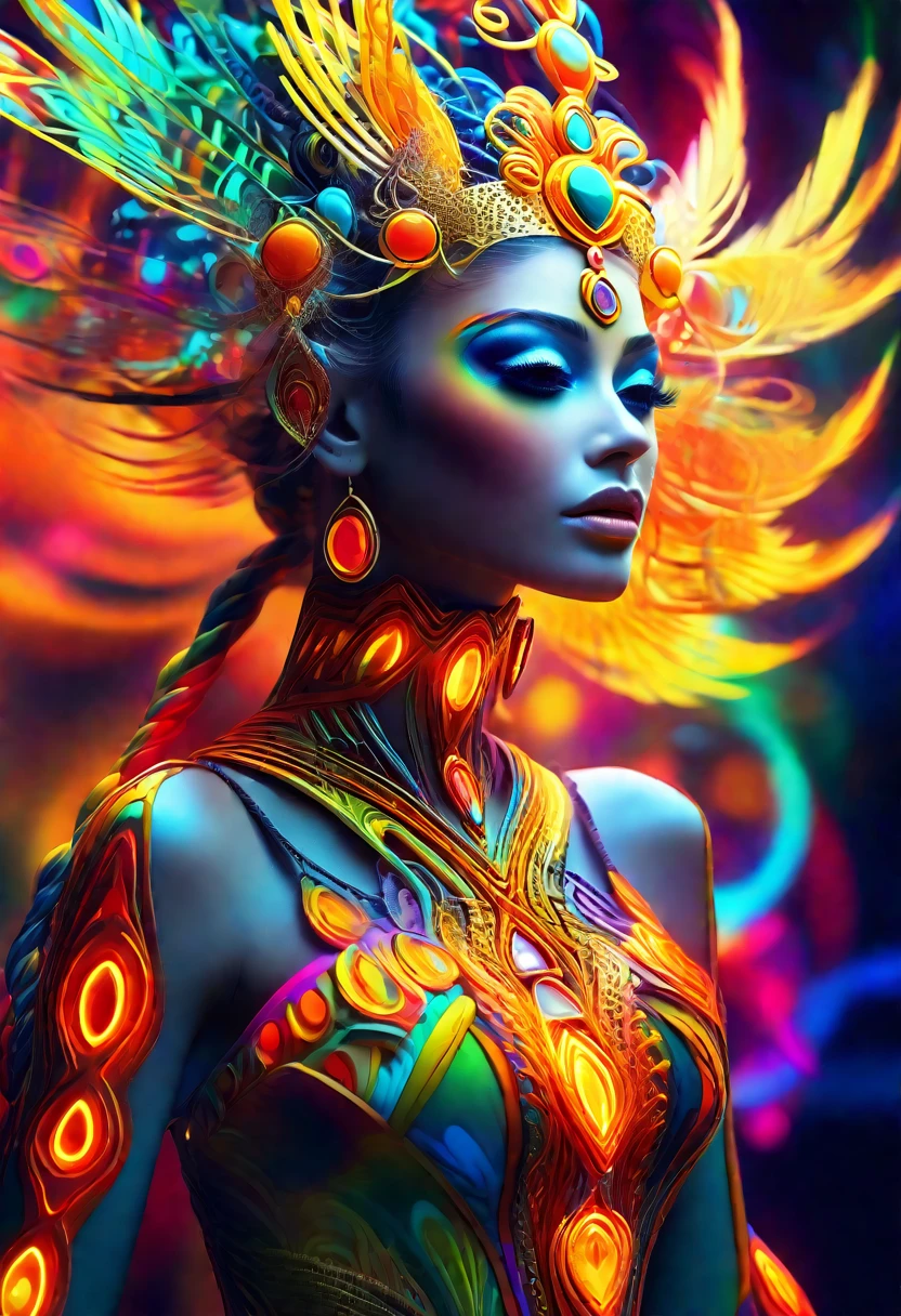 An ethereal goddess submerged in a psychedelic dream, Trippy Clipart Images, neon lights, kaleidoscopic effects, floating in a sea of molten colors, inspired by the visionary work of Alex Gray, mesmerizing aura, hyper- realism, highly detailed and high resolution 16k