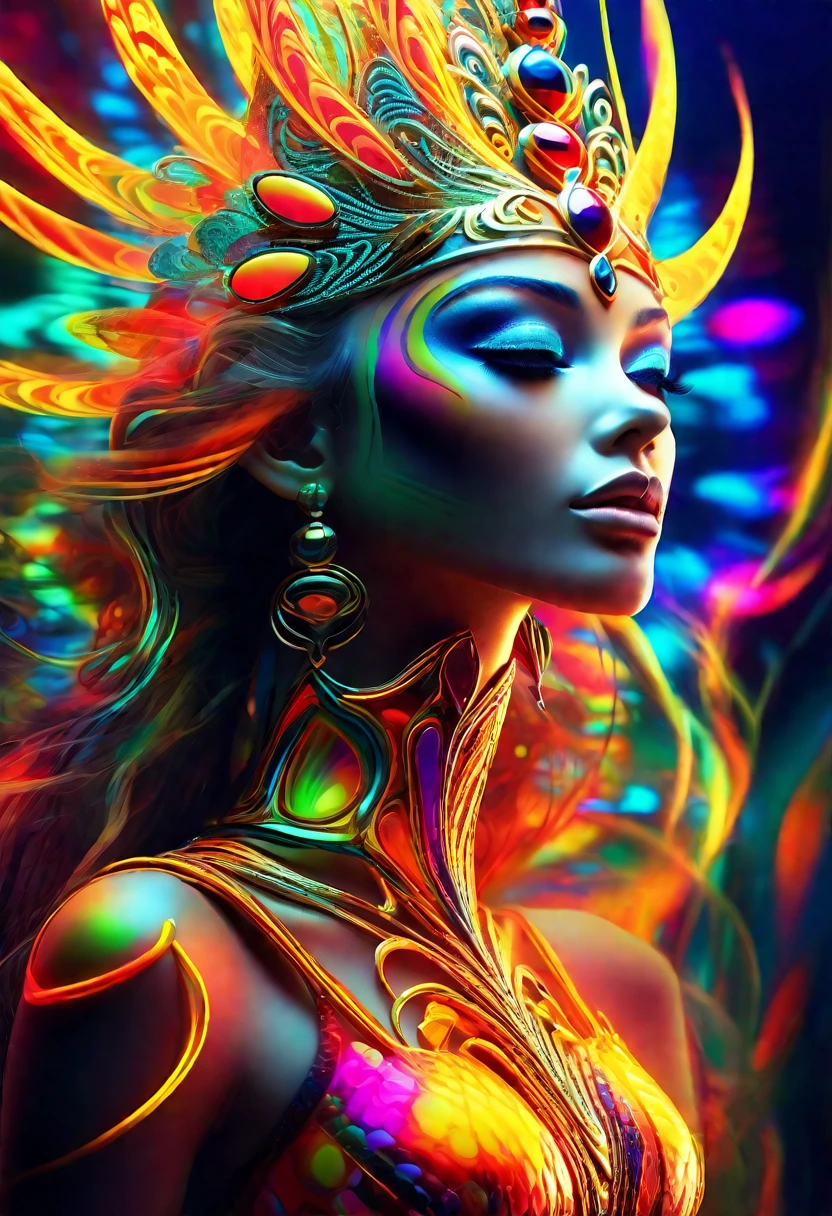 An ethereal goddess submerged in a psychedelic dream, Trippy Clipart Images, neon lights, kaleidoscopic effects, floating in a sea of molten colors, inspired by the visionary work of Alex Gray, mesmerizing aura, hyper- realism, highly detailed and high resolution 16k