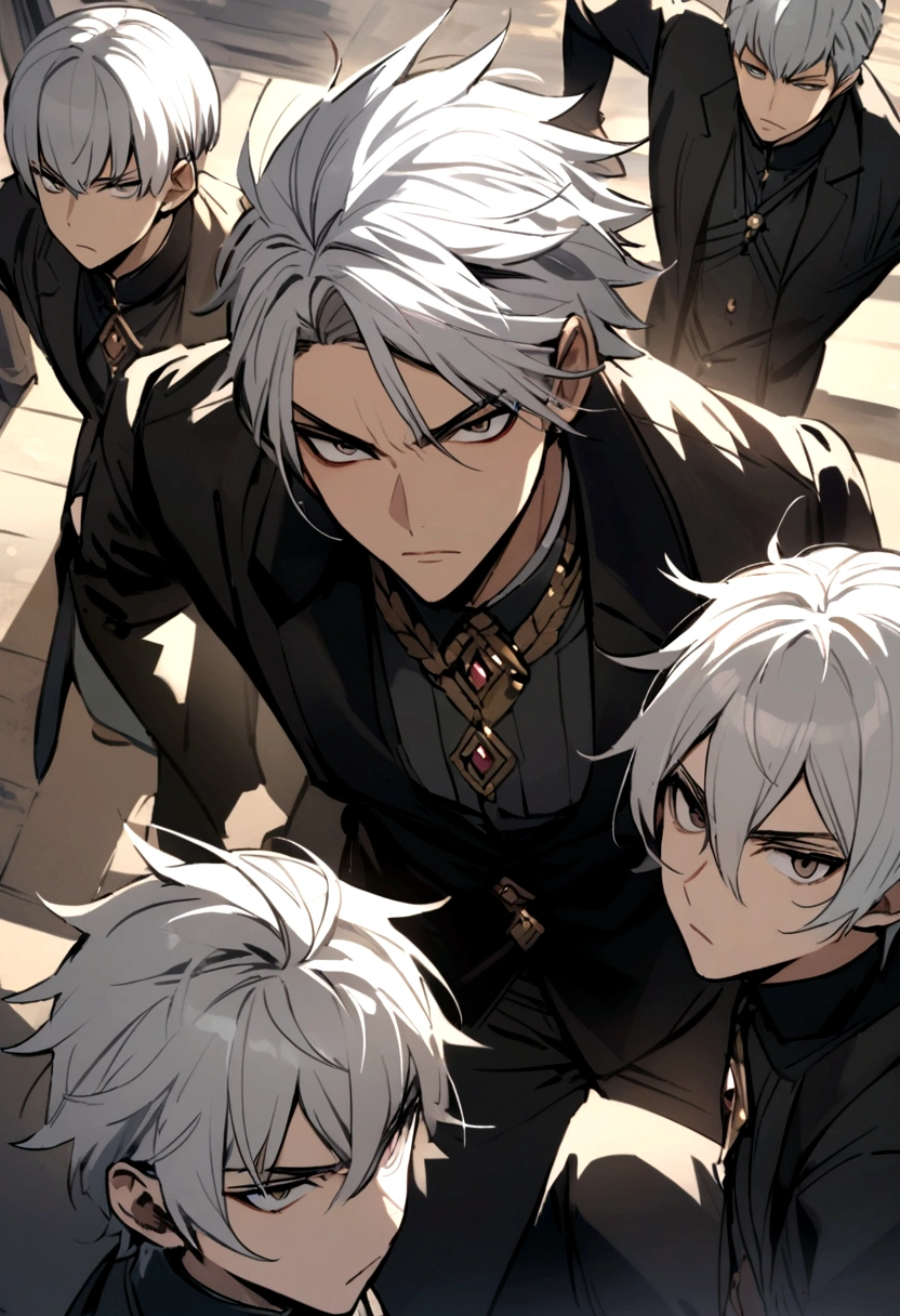 White haired boy with 3 other black haired boys