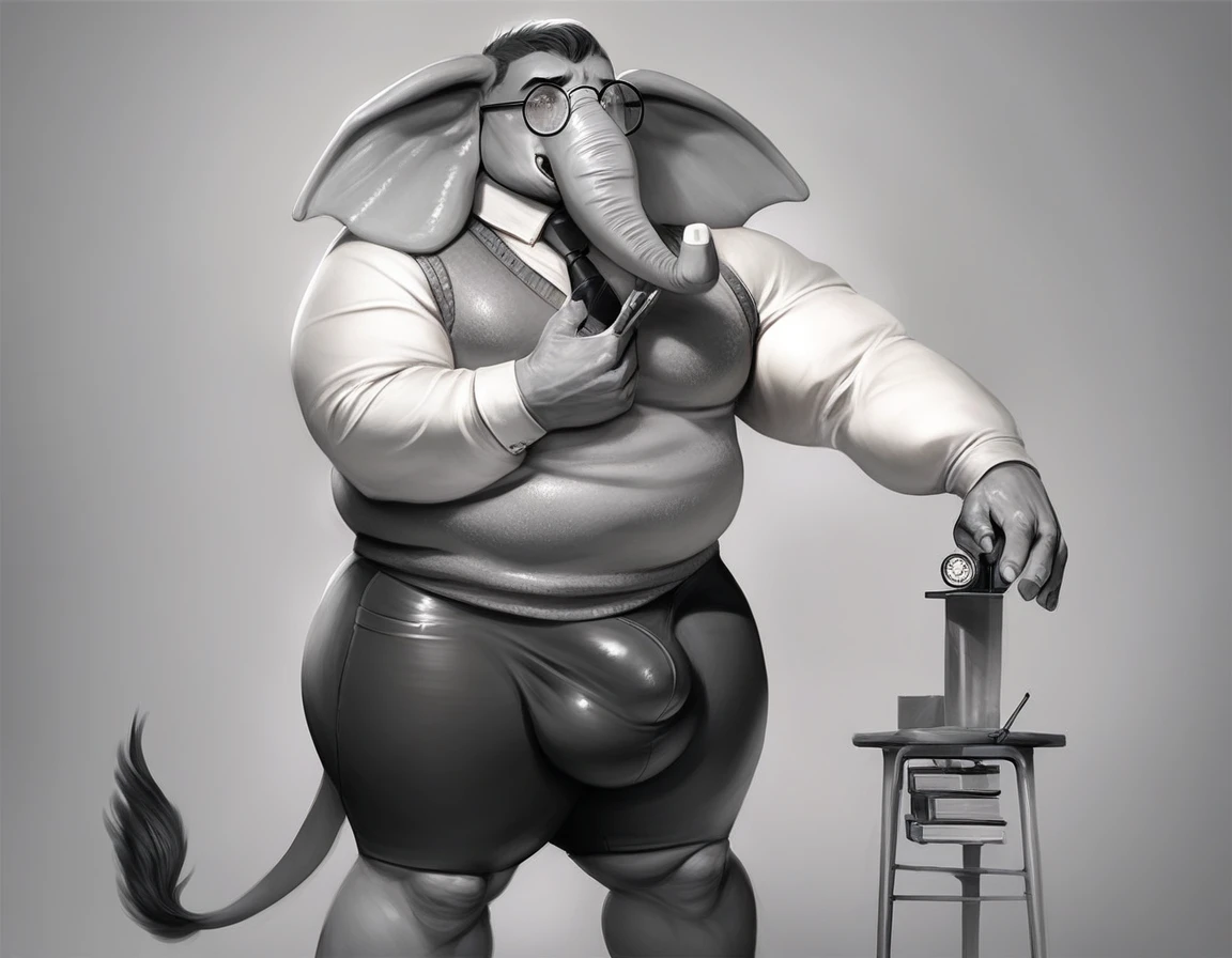 score_9, score_8_up, score_7_up, score_6_up, score_5_up, score_4_up, elephant, anthro, male, librarian, fully clothed, breast expansion, inflating, round glasses, blank background, photograph style, photorealistic, shy, fat, hip expansion, thigh expansion, huge bulge, sweater vest, detailed face, male, realistic, from front