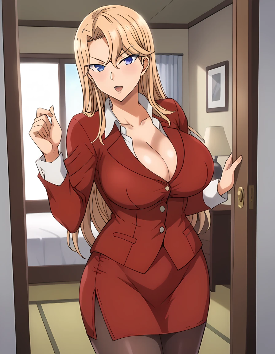 score_9, score_7_up, source_anime, anime screencap, BREAK 1female, ReikaKurashiki, blonde hair, long hair, blue eyes, (large breasts:1.3), long torso, red jacket, (collared shirt:1.1), collarbonea, (cleavage:0.7), red pencil skirt, pantyhose, sleeve cuffs, BREAK indoor, house, cowboy shot,