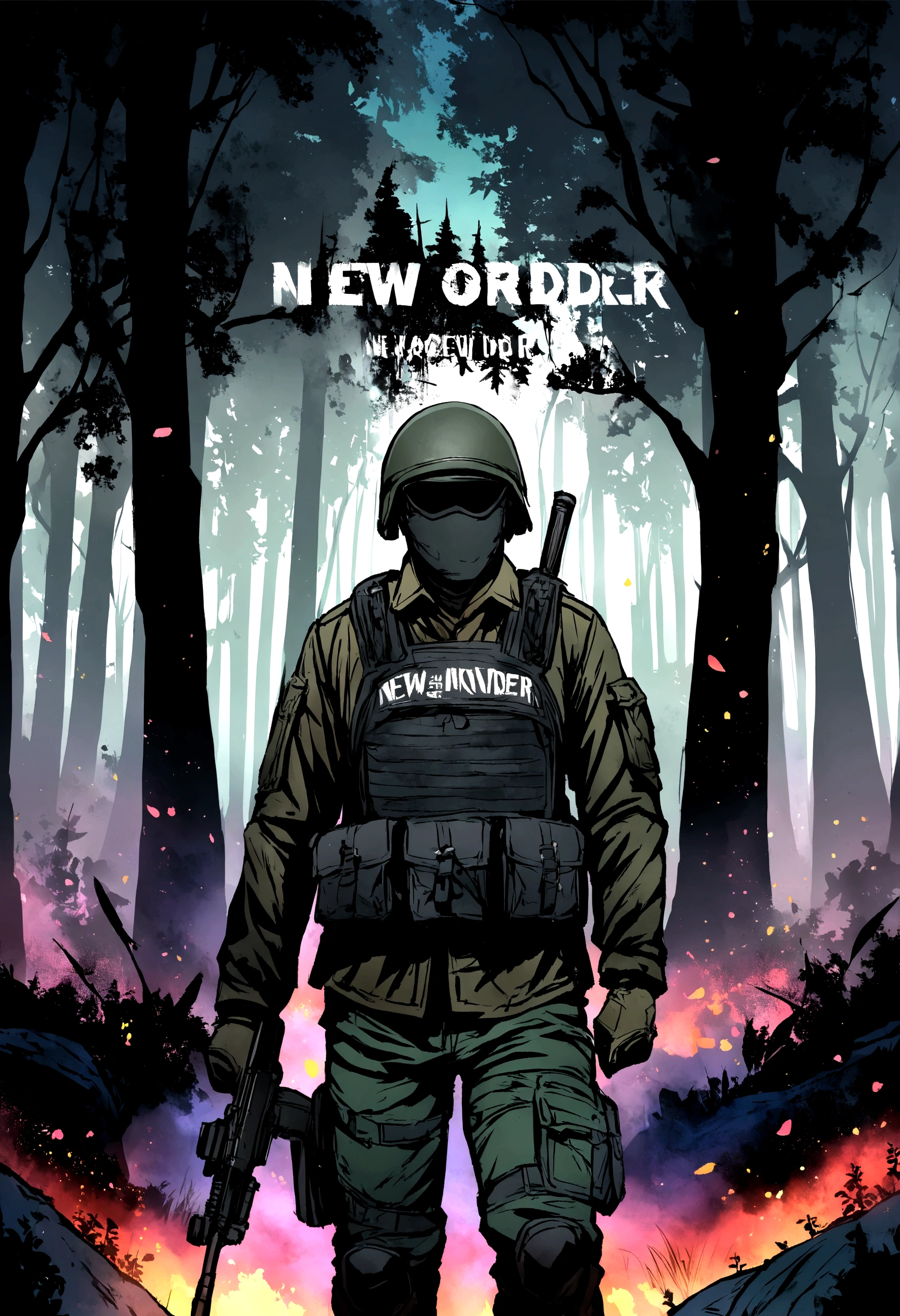((DayZ)), Soldier, slogan(New Order), dark forest, 