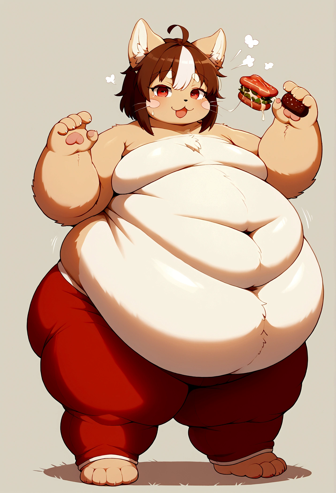 solo,simple background,brown hair,red eyes,1boy,looking at viewer,furry,animal ears,multicolored hair,red hair,full body,fat,cat boy,obesity,big,huge,massive,immobile,growing,expanding,commission,belly,gut,paws,meat mountain,extreme obesity,photo realistic,weight gain++++++++++++,Fat++,extremely obese body type,obese body,obese face,obese arms,obese legs,correct arm,correct pose,correct hands,correct finger,Realistic CG,Standing posture,obese,sagging,weight gain,overhang,fatfur,inflation,feeding,immobilized,stuffed,fat boy,fat, obese, sagging, moobs, weight gain, overhang, fatfur, immobile,Dress appropriately,pajamas,bedroom,warm,Meat Mountain,Extremely obese body type,obese body,obese face,obese arms,obese legs,paunchy,inflation,Arrogant,fattening,feeding,weight_gain,Fit-to-Fat,Greedy,Couch,big fat,ssbhm,ass,booty,Excess meat,loll,good-for-nothing,Lying down,aqua eyes,large sagging fat chest,Sagging fat chest,WeightObese,WeightChubby,WeightImmobile,fleshiness