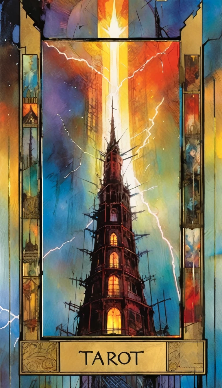 ((tarot card)) THE TOWER ((card frame)), lightning strikes the tower, work by Bill Sienkiewicz, vivid colors, intricate details, oil.