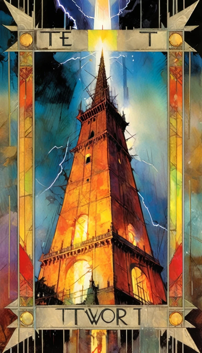 ((tarot card)) THE TOWER ((card frame)), lightning strikes the tower, work by Bill Sienkiewicz, vivid colors, intricate details, oil.
