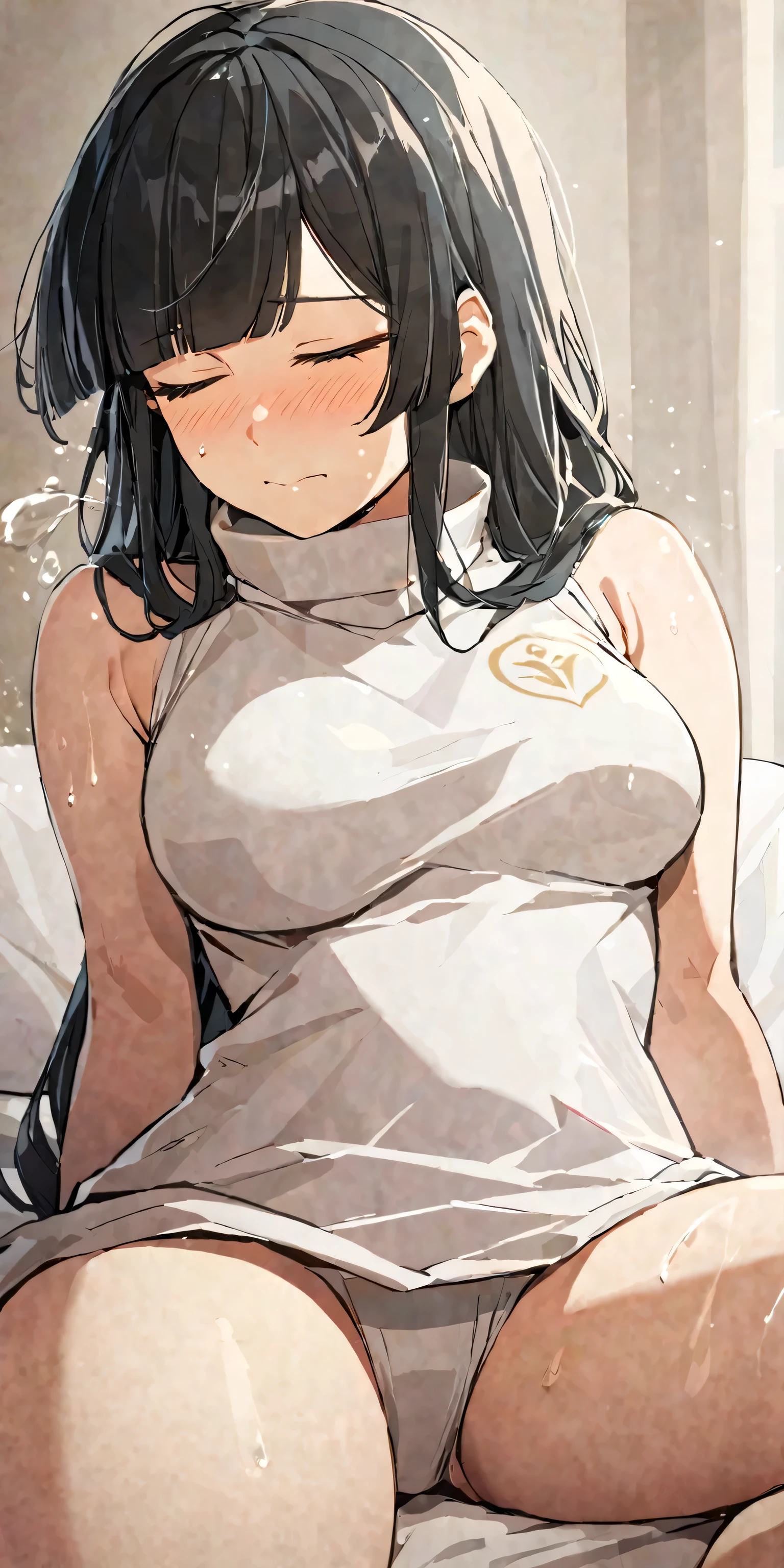 masterpiece,best quality, solo, eda, bangs, black hair, upper body, shy expression, medium breast, hot, thicc, she is in the bed, she was sitting , she was posing, closed mouth, she is horny, she wants to squirt, she is blushing , she has bug thighs, shebis wearing sando, she has big thighs, she is squirting, closed eyes, leaning back, horny, masturbating