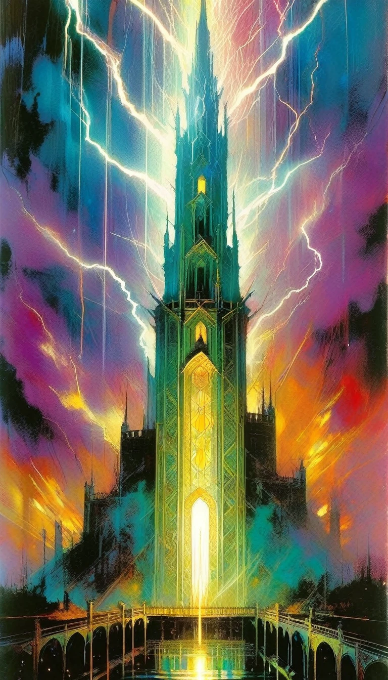 ((tarot card)) THE TOWER ((card frame)), lightning strikes the tower, work by Bill Sienkiewicz, vivid colors, intricate details, oil.
