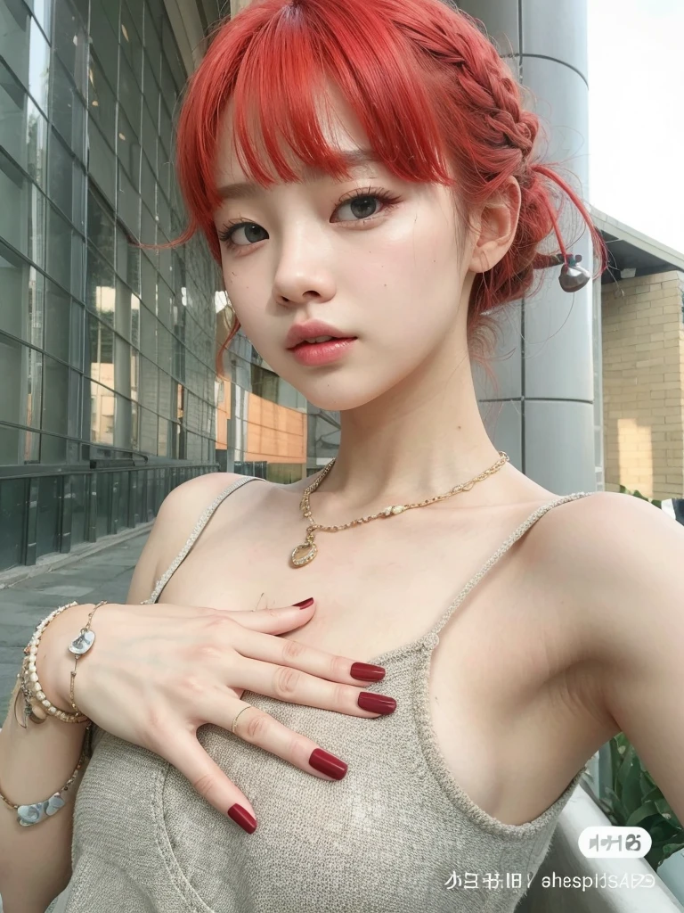 Arafed Asian woman with red hair and a necklace and bracelet, ulzzang, Lalisa Manobal, Sun Yunjoo, Chica coreana, Lalisa Manoban de Blackpink, Kim Doyoung, 19 year old girl, pale red, con el pelo rojo, 🤤 girl portrait, collar de perlas, Cai Xukun