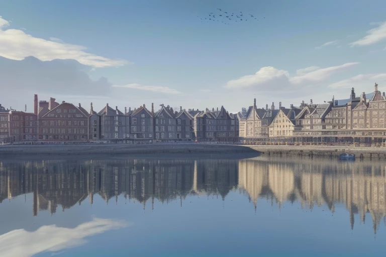 a provincial town in the 19th century  ​​on the shore of the sea bay, (crossroads),  a bar, a hotel, (best quality,4k,8k,highres,masterpiece:1.2),ultra-detailed, detailed architecture, cobblestone streets, wood buildings, brick buildings, ornate facades, sun day