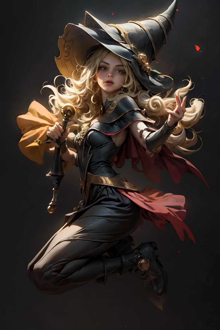 (8k,fotorrealista raw photography the highest quality;1.4) (1chica en) Super belleza (cara realista) cuerpo femenino (Rubia de rizos largos) Hold a black and red magic wand Escena de combate Magic hat with black and gold exterior Beautiful expression Deslumbramiento (Piel de aspecto real) (Giles magos oscuros) tentador super high resolution Un hiperrealista Alto detalle foto de cuerpo completo restos