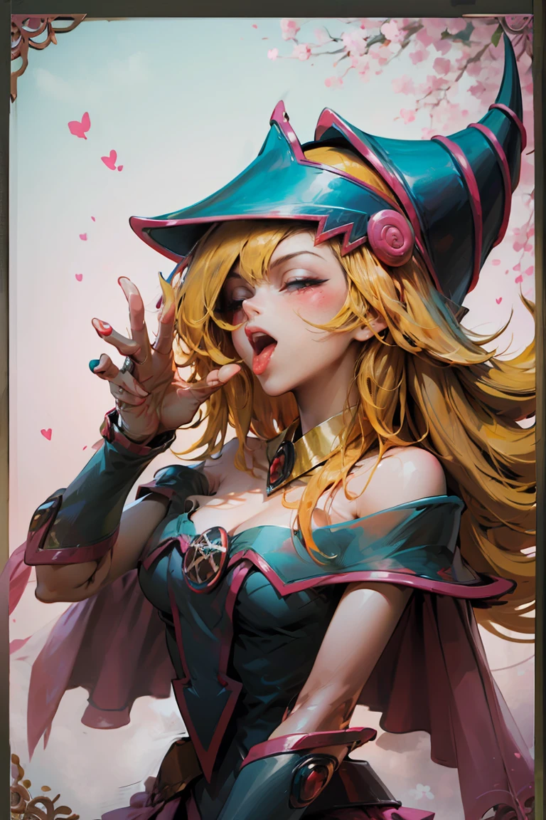 Beautiful dark magician gils. With his hands he makes the sign of love and peace. He has one eye closed and the other open, open voice sticking out the tongue. Gesture of satisfaction and sensuality. pose sexy 