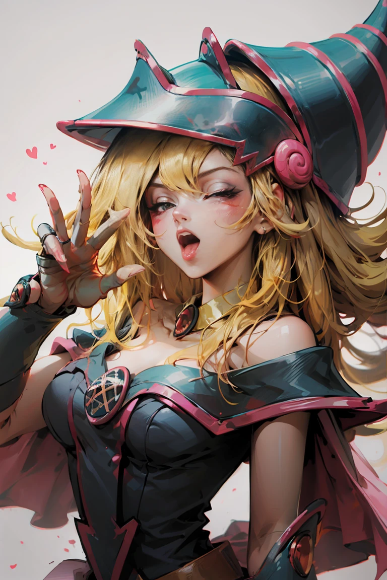 Beautiful dark magician gils. With his hands he makes the sign of love and peace. He has one eye closed and the other open, open voice sticking out the tongue. Gesture of satisfaction and sensuality. pose sexy 