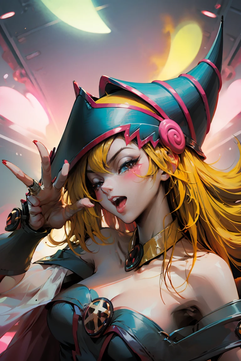 Beautiful dark magician gils. With his hands he makes the sign of love and peace. He has one eye closed and the other open, open voice sticking out the tongue. Gesture of satisfaction and sensuality. pose sexy