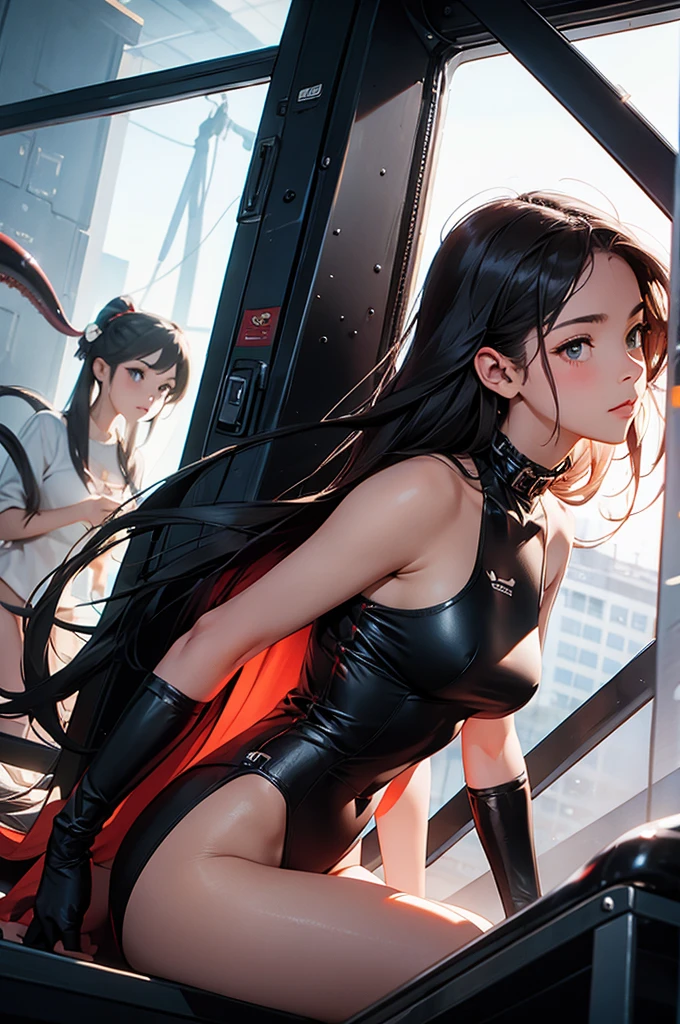 dynamic shot, dynamic angle, (((2 girls, master and slave))), ((bdsm)), obidient, long hair, ponytale, sexy, ((many tentacles)), angle from below, perfect composition, highly detailed