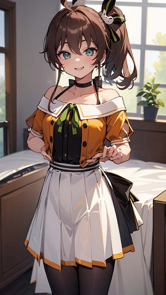  ((((Open your mouth))))、masterpiece,highest quality,High resolution,Ultra-detailed,bb Festival,meだium hair,skinny,Ahoge,Brown Hair,(((((  seductive smile ))))),skinny,(((Her Room))),Hair between the eyes,bangs,Hair Ribbon,Black Choker,Earrings,Black Ribbon,plaiだ shirt,Grey Shirt,shoulだer cutout,Short sleeve,See-through sleeves,Black Skirt,High Waist Skirt,race,perfect finger  ,  shoes下,(black shoes下:1.4),race trim,shoes,Black footwear,Indoors,,(((heavy breathing ))),standing