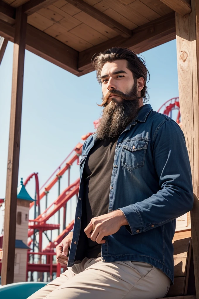 Man in an amusement park with a beard coming out of a cabin