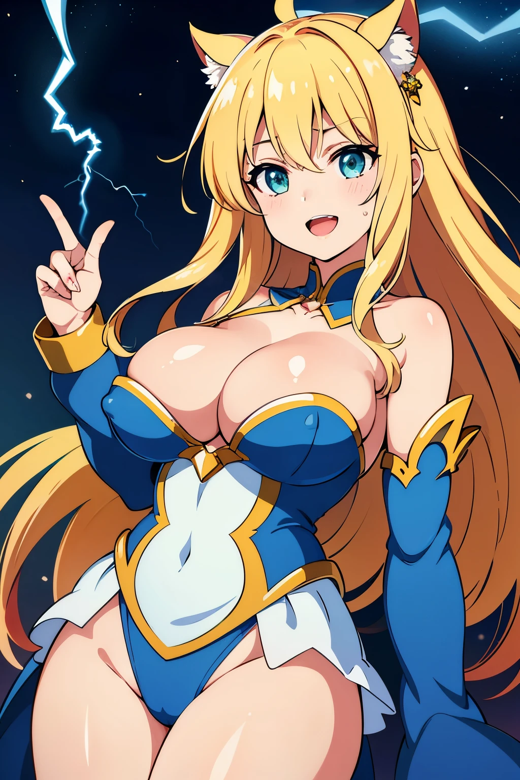 ((Highest quality)), ((masterpiece)), (detailed), One girl, sexy、Magical girl、Lori、Firing lightning magic、Blonde、Long Hair、Fluffy hairstyle、Big Breasts、flying、Night Sky、Pointing the finger、smile、Mouth open、Lightning is falling、Eyes are shining、Jewelry on the chest、Big ribbon on head、I can see her cleavage、Shiny skin、Sweat in the chest、Rays of light shoot out from his fingers、Gold and blue clothes、Showing teeth、chest protruding from clothey breasts are sticking out of my clothes、The upper half of the chest is bare、Soft looking breasts、Shiny nipples、