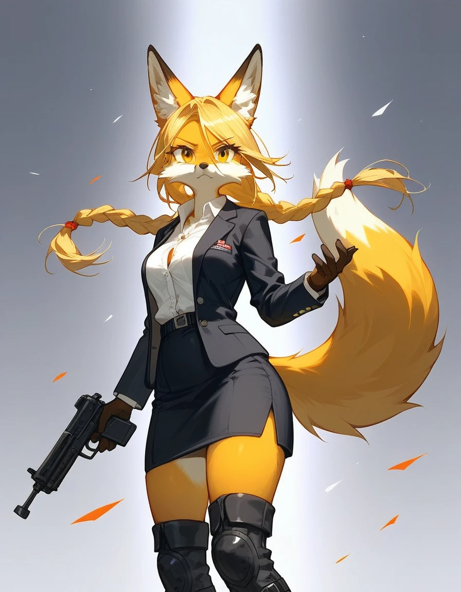 Solo, score_9,score_8_up,score_7_up, source_furry, a tall female Fox, yellow furry body, long blonde braided hair, yellow eyes, black nose, snout, blonde fox tail, fox ears, wearing black blazer, white button up shirt, black skirt, black combat boots, grinning, abstract grey background