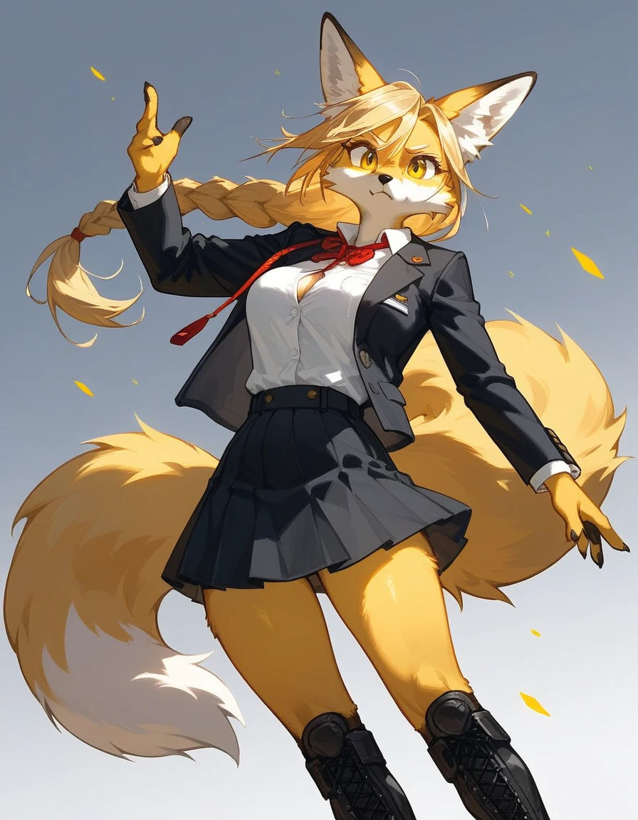 Solo, score_9,score_8_up,score_7_up, source_furry, a tall female Fox, yellow furry body, long blonde braided hair, yellow eyes, black nose, snout, blonde fox tail, fox ears, wearing black blazer, white button up shirt, black skirt, black combat boots, grinning, abstract grey background
