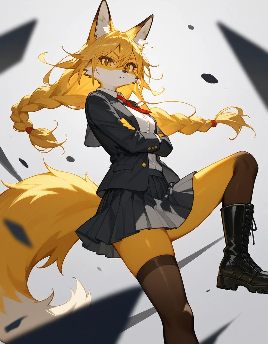 1 female, teacher, wearing a black suit, red tie, bootyshorts, Thicc, yellow hair, long hair, Bear ears, white eyes, face to detail, detailed eyes, the background is a pizzeria, Holding a microphone