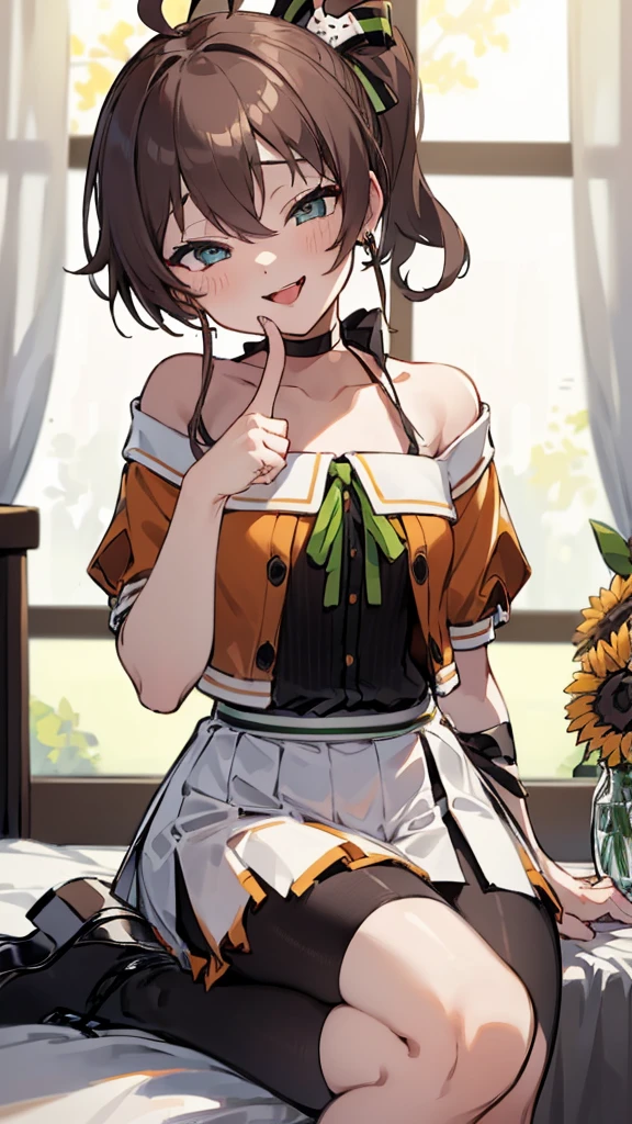 ((((Open your mouth))))、masterpiece,highest quality,High resolution,Ultra-detailed,bb Festival,meだium hair,skinny,Ahoge,Brown Hair,((((( seductive smile ))))),skinny,(((Her Room))),Hair between the eyes,bangs,Hair Ribbon,Black Choker,Earrings,Black Ribbon,plaiだ shirt,Grey Shirt,shoulだer cutout,Short sleeve,See-through sleeves,Black Skirt,High Waist Skirt,race,perfect finger , shoes下,(black shoes下:1.4),race trim,shoes,Black footwear,Indoors,((handjob gesture:1.5))、Sitting,Chair,(((heavy breathing ))),