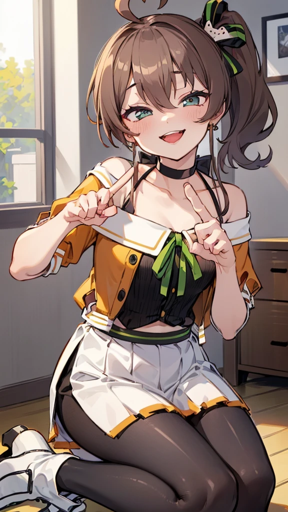  ((((Open your mouth))))、masterpiece,highest quality,High resolution,Ultra-detailed,bb Festival,meだium hair,skinny,Ahoge,Brown Hair,(((((  seductive smile ))))),skinny,(((Her Room))),Hair between the eyes,bangs,Hair Ribbon,Black Choker,Earrings,Black Ribbon,plaiだ shirt,Grey Shirt,shoulだer cutout,Short sleeve,See-through sleeves,Black Skirt,High Waist Skirt,race,perfect finger  ,  shoes下,(black shoes下:1.4),race trim,shoes,Black footwear,Indoors,((handjob gesture:1.5))、Sitting,Chair,(((heavy breathing ))),