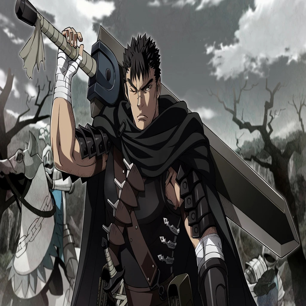 anime characters with weapons and armor in a field, berserk style, guts berserk, berserk art style, guts from berserk, berserk guts, portrait of guts from berserk, from berserk, berserk, berserk skullknight black armor, guts, berserk manga, in berserk manga, berserk blood, best anime character design