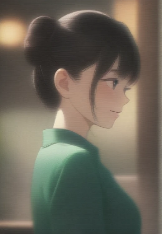 close up, Side view of beautiful Korean woman, 34 inch chest size, Hair Bun, Wear a well-fitting polo shirt, Smile, Put your chin on one hand, In a tea house, Bokeh background, Polaroid photos, Ultra HD