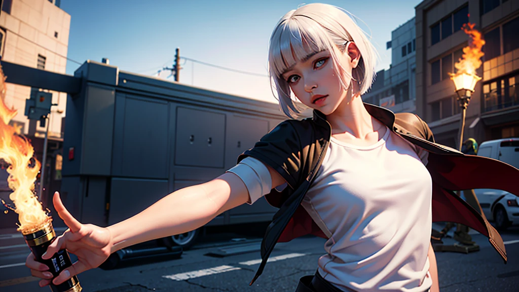 (masterpiece), (Best quality), realistic, cinematic light, Hinata from Naruto, cool pose, Battlefield background, Perfect body, white eyes, white bob haircut