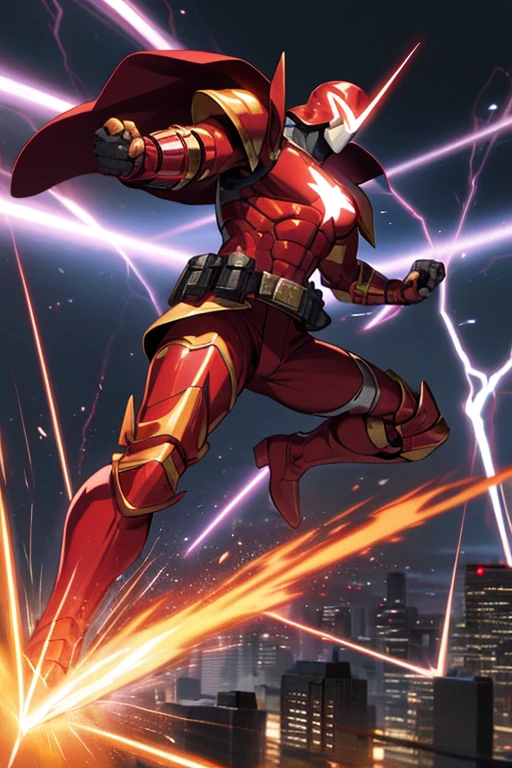 ((best quality)), ((masterpiece)), (detailed), 1 man, full body, 30s, black masks, red helmet that covers his entire head, smooth helmet, uncovered face, helmet with a flashlight on his forehead, black collar, tall and muscular, very large, red armor, 2 large tubes, transparent electricity tubes on his chest, black forearms, large red gloves, red wristbands, red suit, fist emblem with lightning bolts on his chest, fist, red pants, black knee pads, metallic red boots, superhero belt, lightning bolts in the air, hitting the highway, superhero pose, lightning bolts come out, night city background, anime