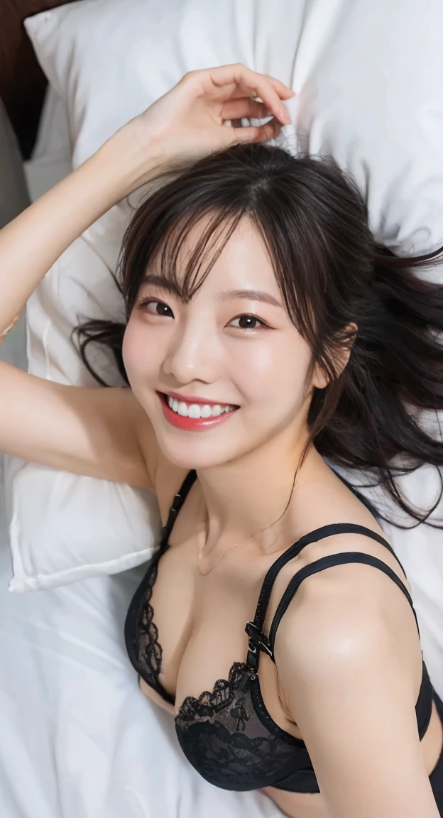 Riu, nsfw, (On the bed), (Lying down), From above, Black underwear, Light Smile, chest, Wet