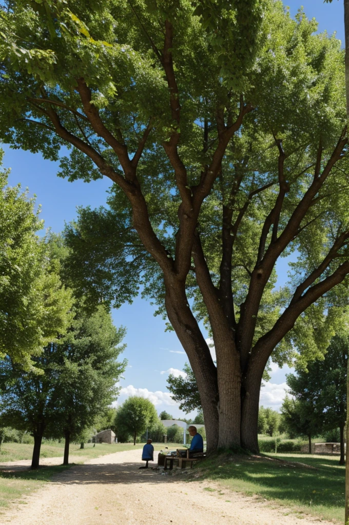 Un vieux assis sous un grand arbre au village