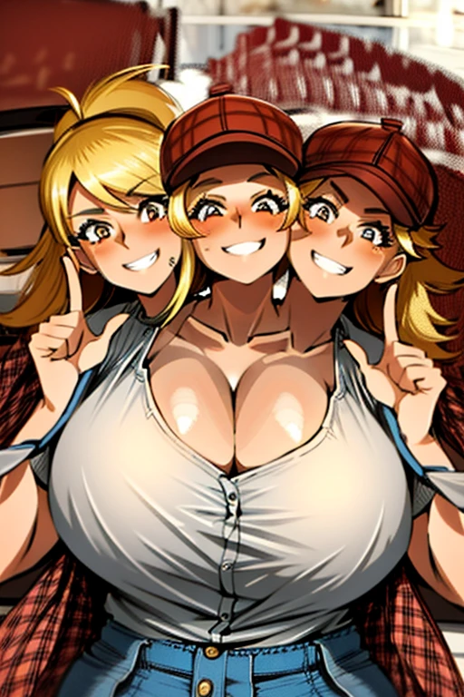 2heads, a short chubby woman with 2 heads. She has enormous breasts. She is wearing a red plaid flannel shirt and jeans. She is wearing a trucker's hat. She is in a big truck. She has blonde hair in a ponytail. She has gigantic breasts. She is blushing. She is smiling wide. She is excited to have gigantic breasts.