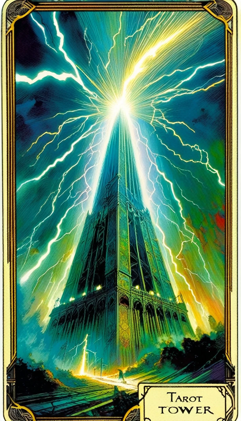 ((tarot card)) THE TOWER ((card frame)), lightning strikes the tower, work by Bill Sienkiewicz, vivid colors, intricate details, oil.
