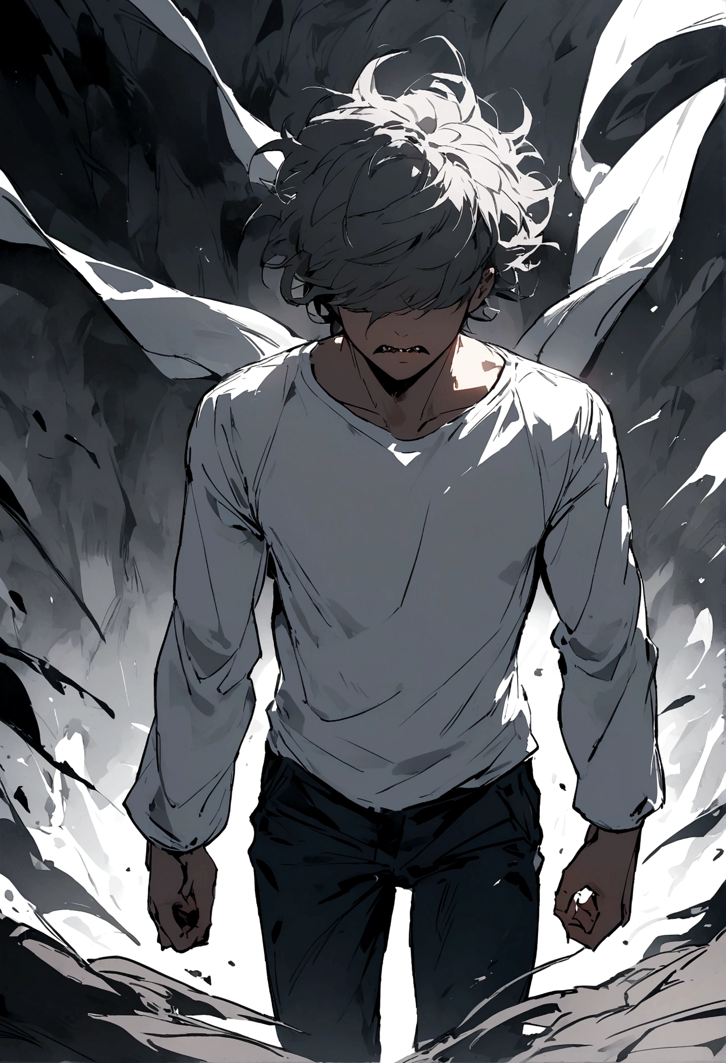 man, short dark gray hair, white long sleeve shirt, dark blue pants. His personality is dry and serious, highlighting his lifeless eyes.
Behind him are some white-looking demons with sharp teeth., apparently without eyes.