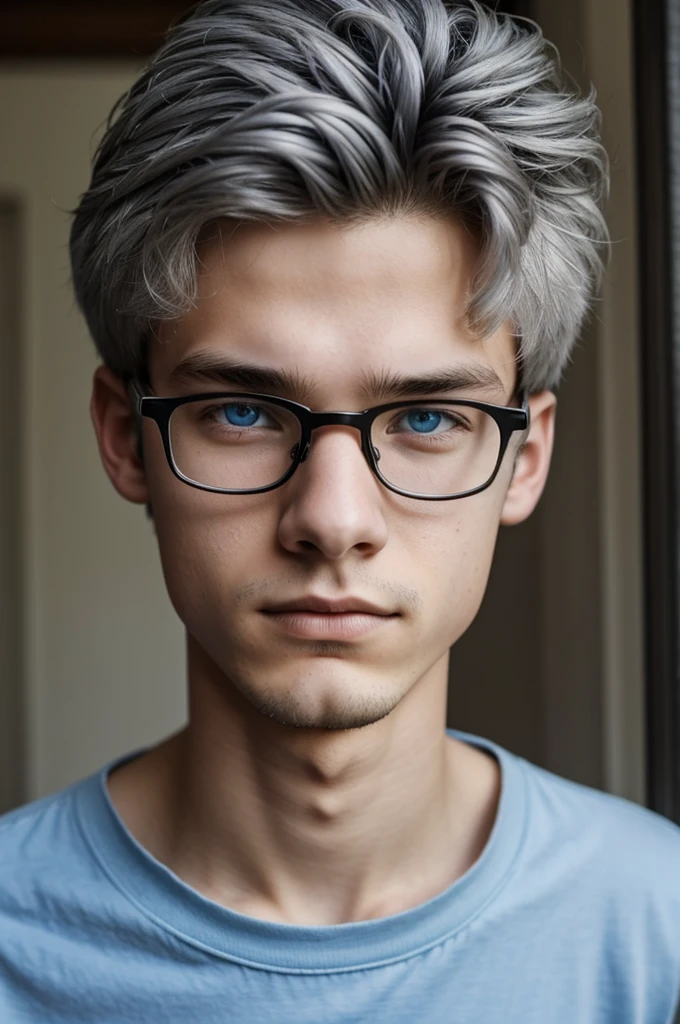 17 year old boy,his hair is gray,his eyes are blue,has glasses,he is thin,tender and sweet