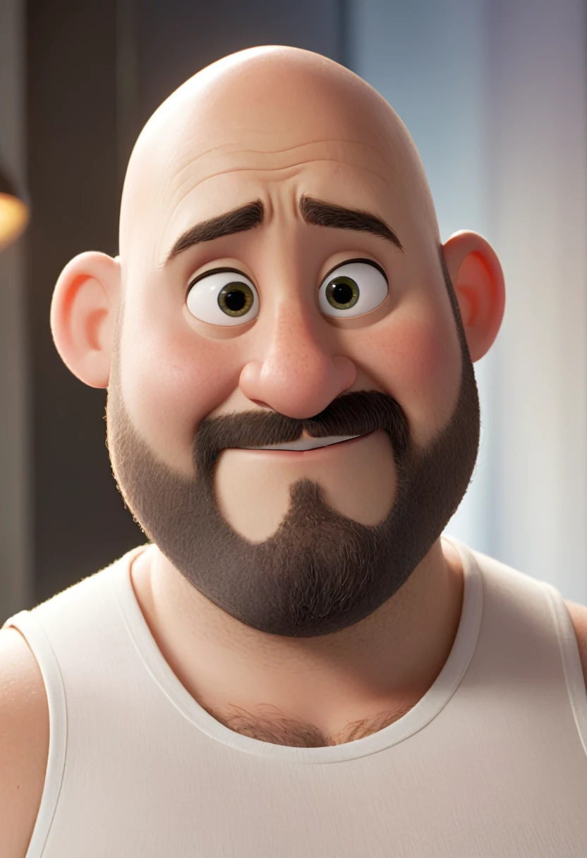 Create a Disney Pixar-style character of a 45-year-old man, baldie, chubby cheeks, unshaven beard, white undershirt, looking at the camera, foto perfil, commercial shot., face is brightly lit