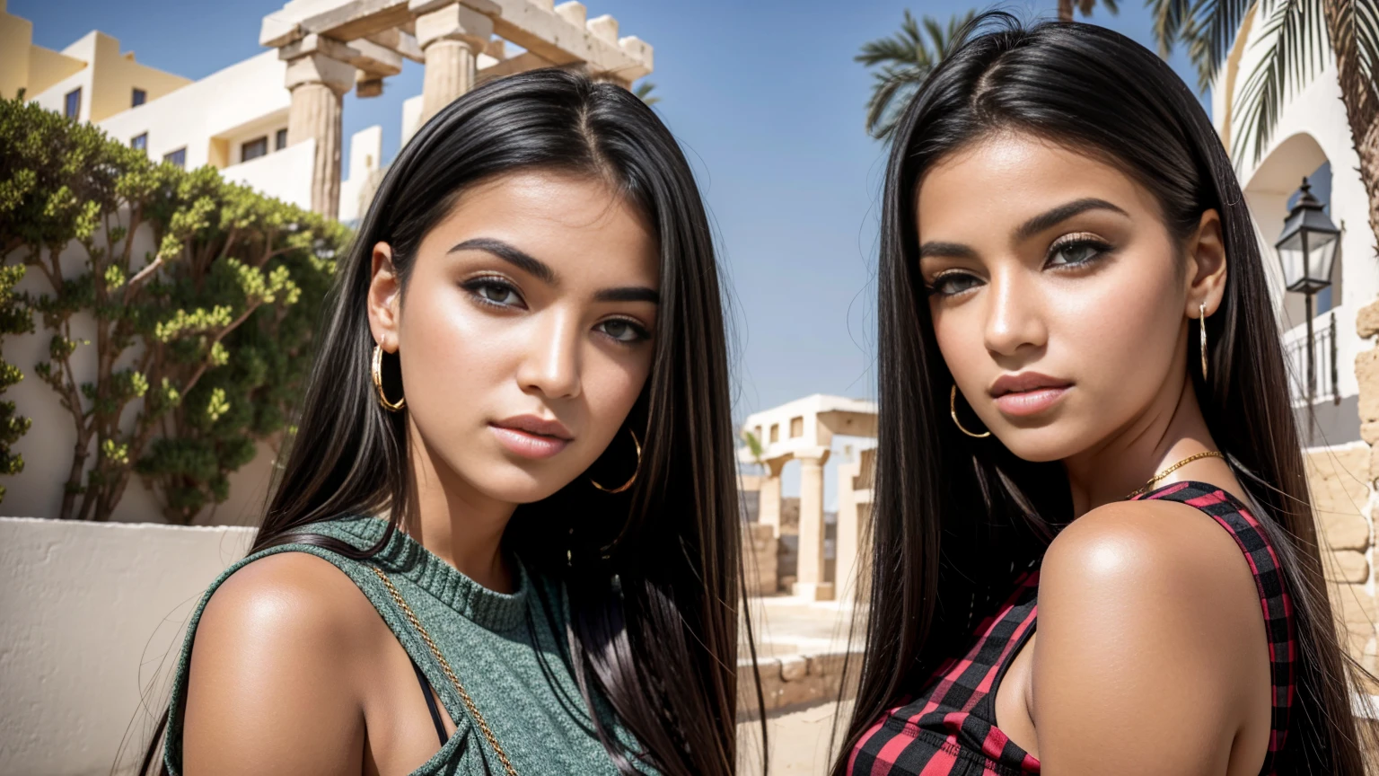 Greek beautisameul young 18 year old GIRL WITH A MODEL APPEARANCE, symmetrical eyes,draw up,jewelry,with long dark hair,IN A RED AND BLACK CHECKED MINI SKIRT,in a short skirt,ABOVE KNEE SKIRT,in Egypt,palm trees,Sunny,Детализация коsameи,same/48 mm ,sosamet light,high quality,8 k