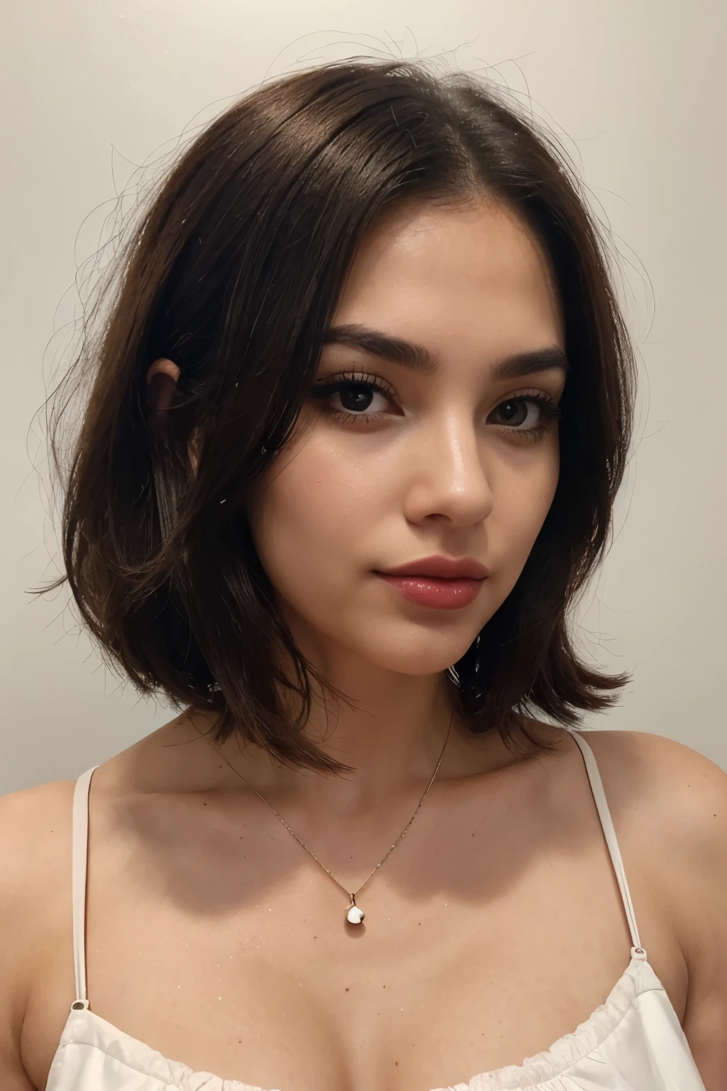 Breathtaking cinematic photo of a 30 year old girl with brown hair and brown eyes, feliz, cheerful expression, boca cerrada, Beautiful lips, Detalles intrincados, poca profundidad de campo, Altamente detallado, Alto presupuesto, epic hollywood movie, splendid, Obra maestra, Premiado, profesional, Altamente detallado, Textura detallada de la piel, (sonrojarse: 0.5), (Piel de gallina: 0.5). (the most Beautiful woman in the world) (brown hair) (cabello corto y rizado, pelo salvaje, corte elegante) cara delgada, nariz delgada, Beautiful, very Beautiful, Perfecto face, Esbelto body (Esbelto), (brown hair) (brown eyes ) (piel blanca) hermoso cuerpo, Cara occidental, ojos depredadores, labios rosados, muslos gruesos. cuerpo completo, Belleza occidental, nariz delgada, Beautiful, Perfecto, ((La mejor calidad)), ((Ultra Resolution)), ((fotorrealista: 1.4)), (Detalles intrincados), Perfecto face, maquillaje: 1.5 , cara clara, Detalles faciales. Front view ((sin ropa))