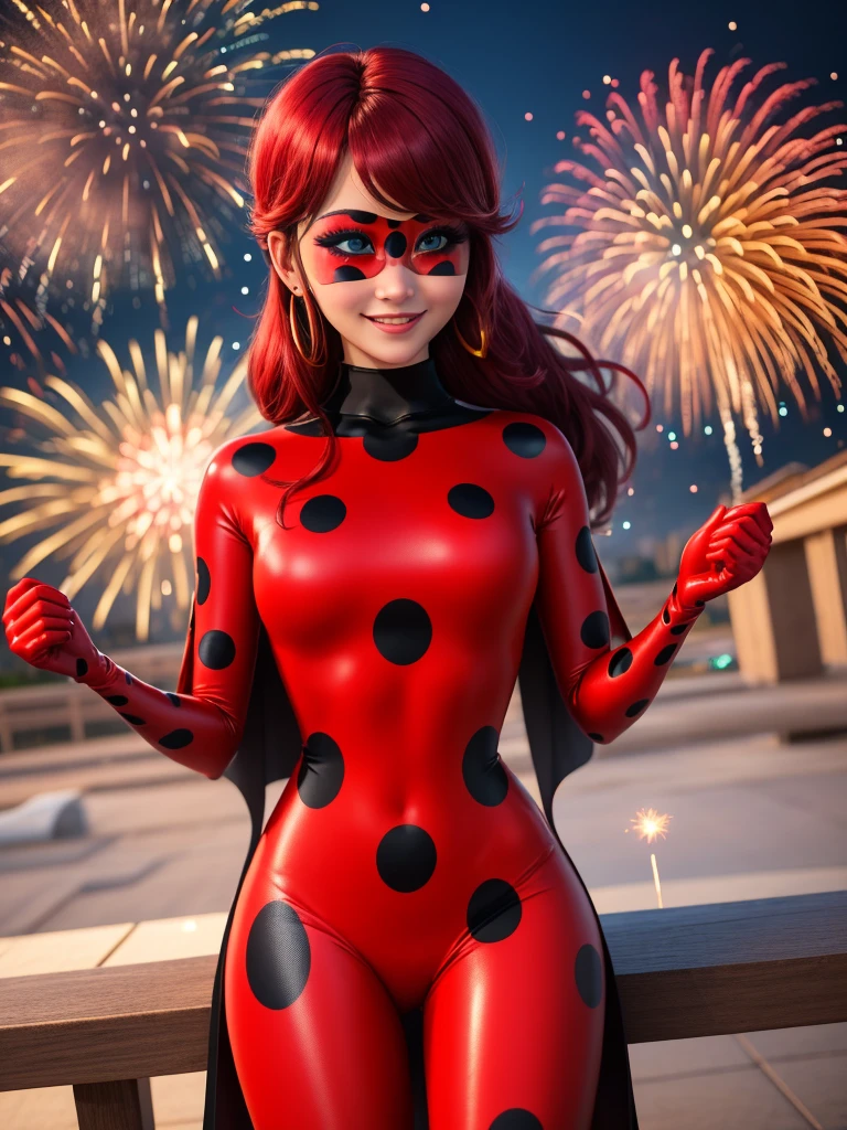 masterpiece, best quality, 1girl, red hair. blue eyes, ladybug costume, a woman in red, her clothes are red with black dots like a ladybug, she has a wide cape with ladybug colors, smiling from behind fireworks are going off, the fireworks are very clear and can be seen like the Walt Disney fireworks, there are sun rays from behind and they light her like halo of rays background table of borsa , a woman in red, her clothes are red with black dots like a ladybug, smiling from behind fireworks go off, the fireworks are very clearly defined and can be seen like the Walt Disney fireworks, there are sun rays from behind and they illuminate her like a halo of rays lora:Ladybug Costume_v1:1>