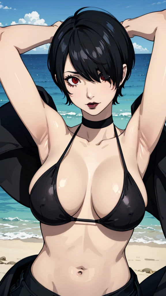 1 girl, milf, red eyes, very Short hair,black lipstick, black lipstick, shy, black hair, huge breast, bikini, tomboy Pixie haircut, hair over one eye, beach background, cowboy shot, arms up, armpits