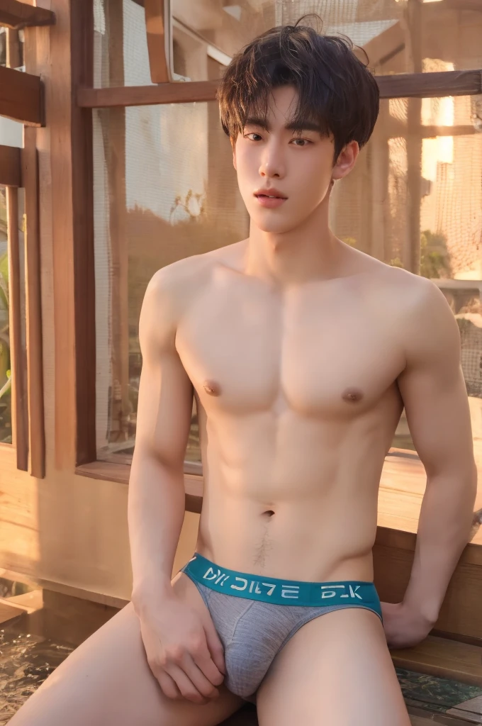 Photorealsitic, 8K full body portrait, body, a handsome, 18-year-old boy, A charming expression, detailed face details, topless, sexy, Brief underwear, TOKYOcty, Winters, Zoom in for a close-up, hot spring