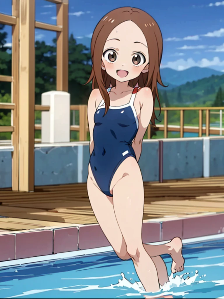 masterpiece, Highest quality, Very detailed, anime, girl,Night Pool,High cut swimsuit,smile,:d,action,Ass Focus, 1-takagi-san, 