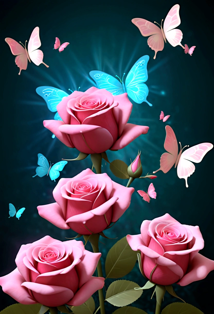 Create a dreamlike atmosphere where 3D roses transform into delicate fractal butterflies, fluttering around hearts that emit a soft glow, creating an enchanted scene of fleeting love, sucking PENIS, giving blowjob