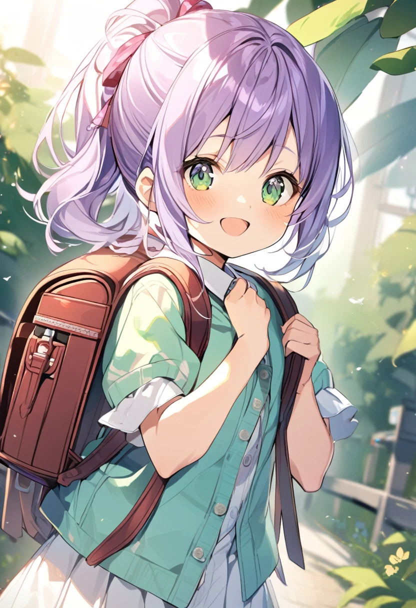 1girl,,purple ponytail hair,green eyes,backpack,randoseru