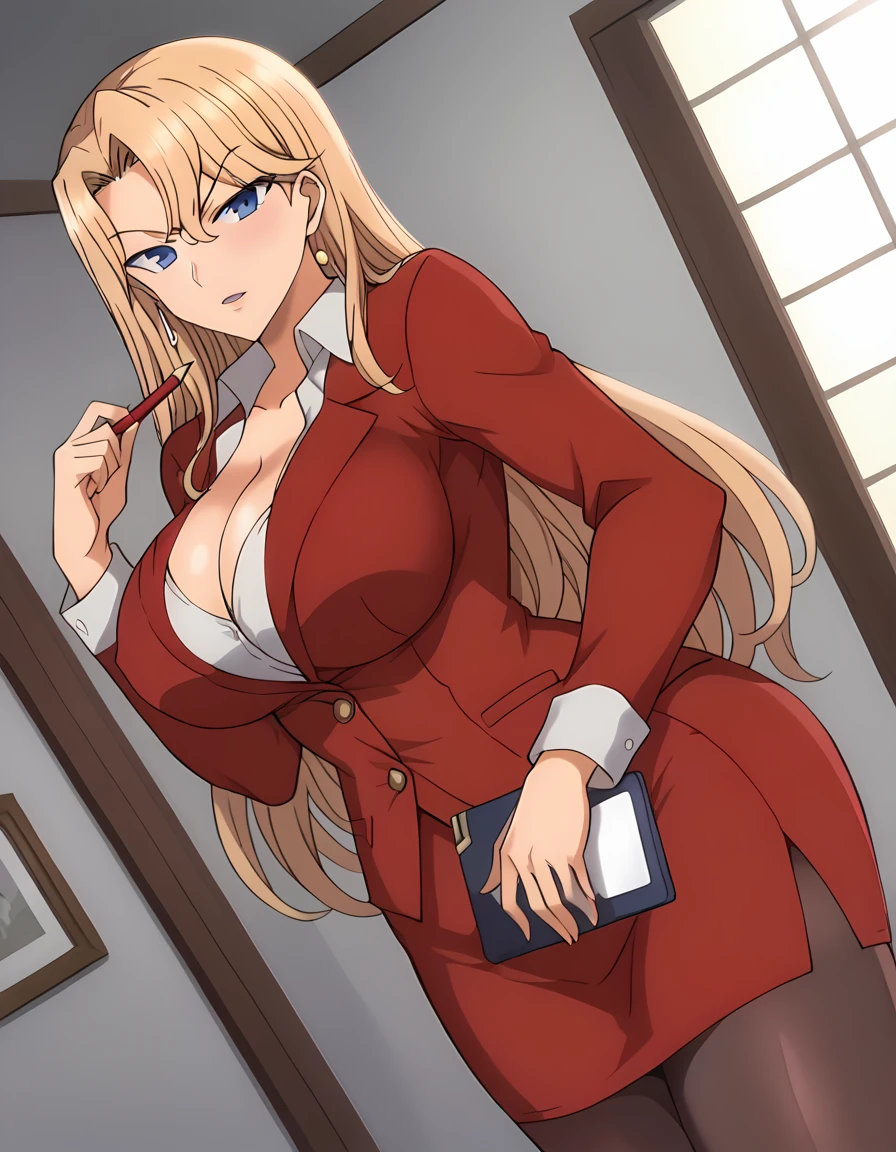 score_9, score_7_up, source_anime, anime screencap, BREAK 1female, ReikaKurashiki, blonde hair, long hair, blue eyes, (large breasts:1.3), long torso, red jacket, (collared shirt:1.1), collarbonea, (cleavage:0.7), red pencil skirt, pantyhose, sleeve cuffs, BREAK indoor, house, cowboy shot,